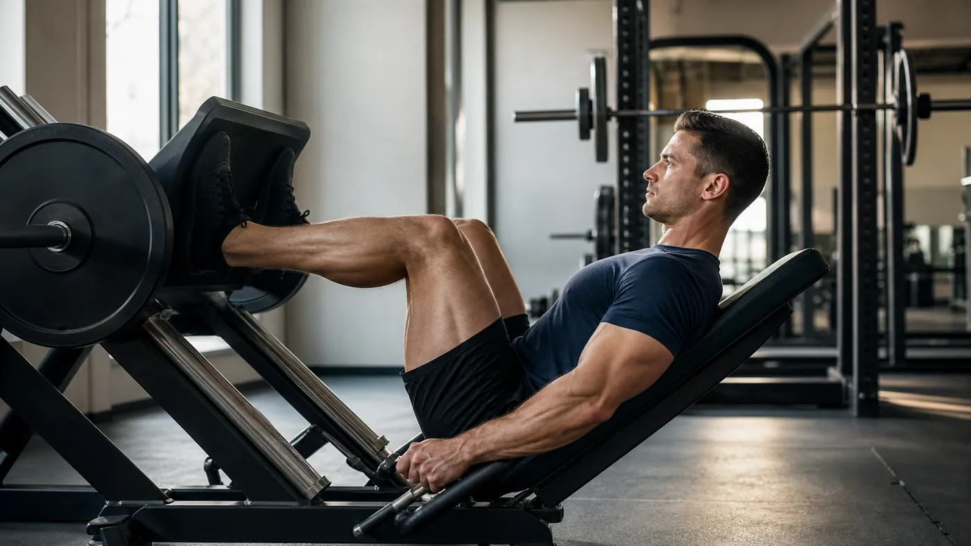 A man performing a controlled leg press in a gym lit by tall windows