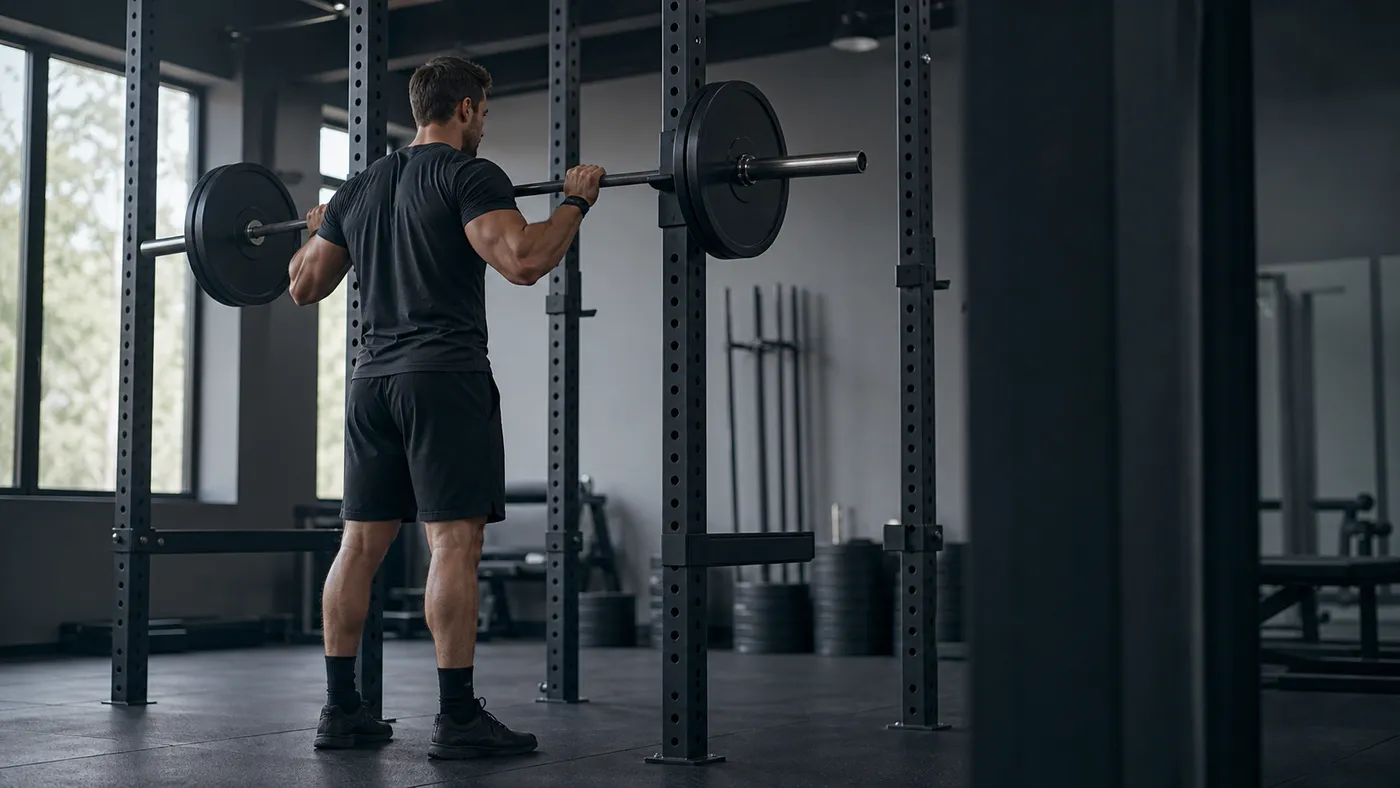 A muscular man reracking an unmarked barbell in a quiet gym after a controlled workout