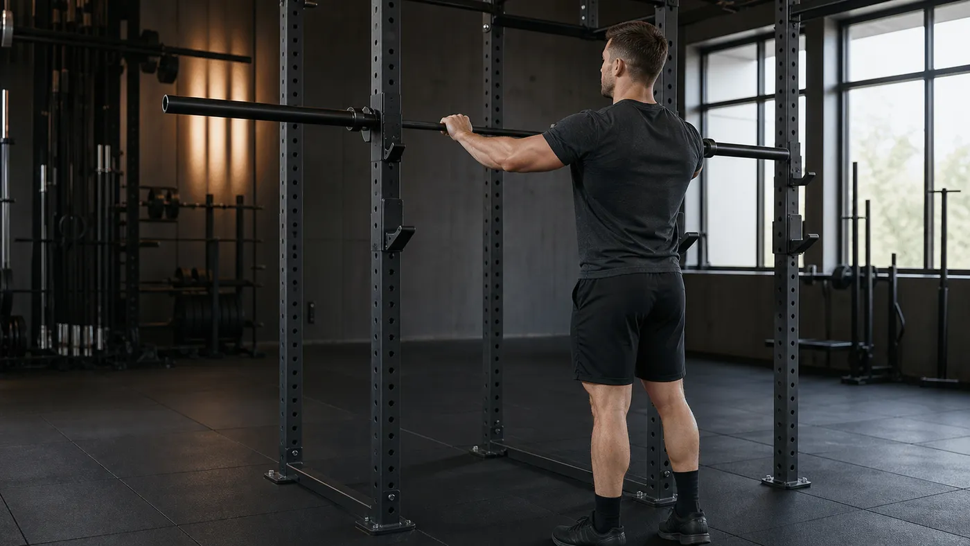 A man calmly reracking an unloaded barbell after a light deload set in a quiet gym
