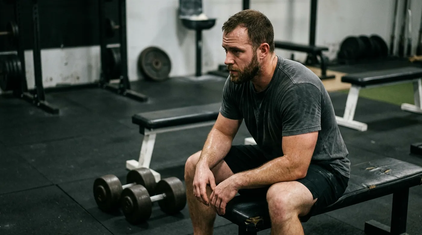 A tired but composed lifter sitting on a bench after a hard dumbbell press set