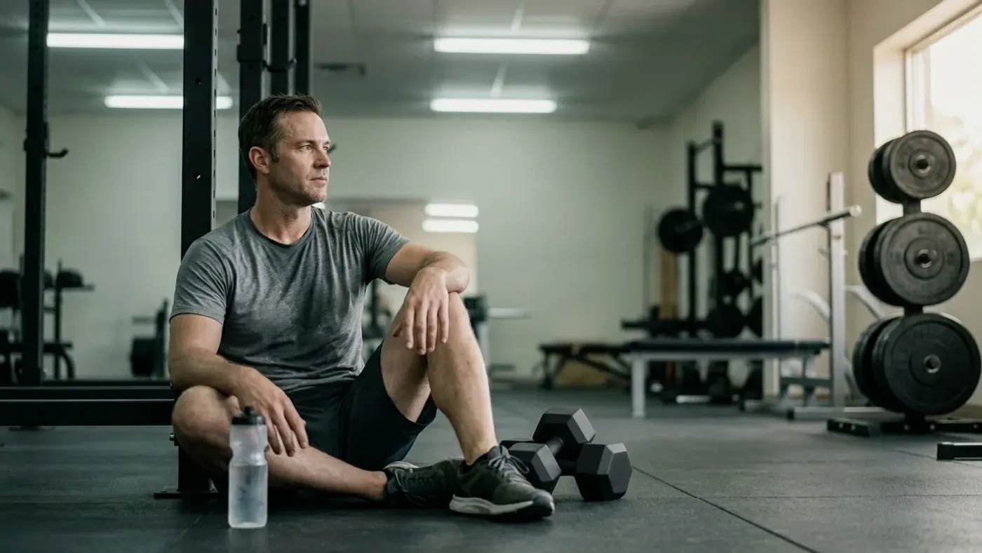 Man sitting on a gym floor beside a rack during a low-energy training session