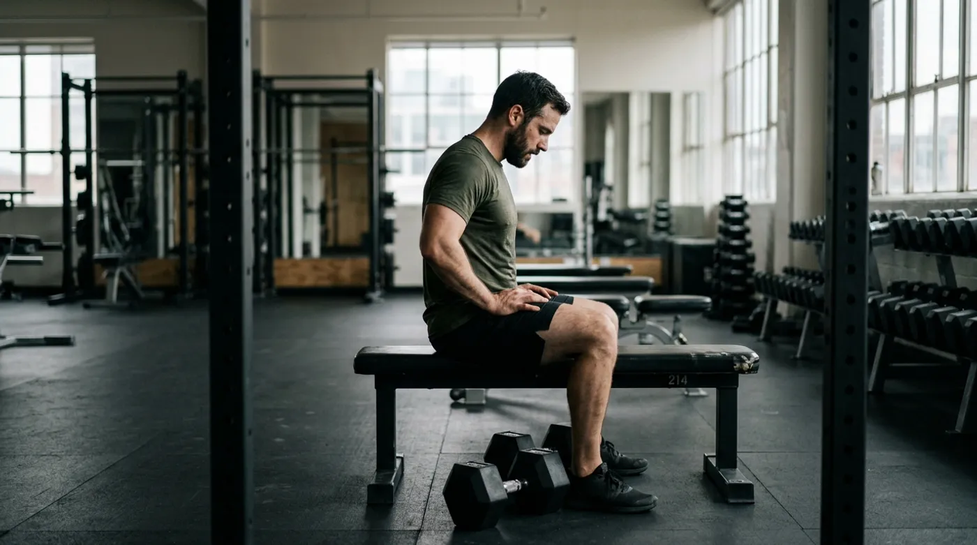 A lifter sitting on a flat bench between sets, head down, dumbbells on the floor next to him, soft window light