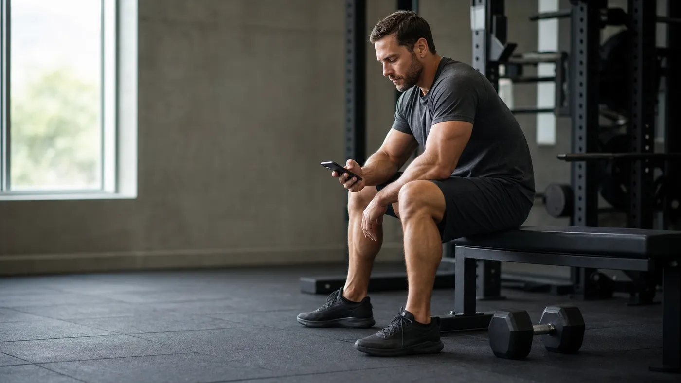 Man resting on a bench and checking his phone between sets in a quiet gym