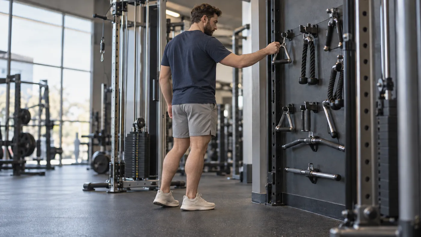 Man returning a triangular cable handle to wall storage in a sunlit gym, viewed from a low angle