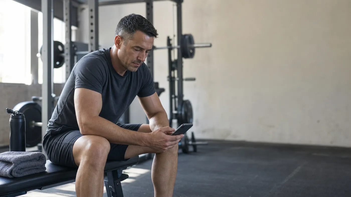 Man reviewing a workout log on his phone after a lighter gym session