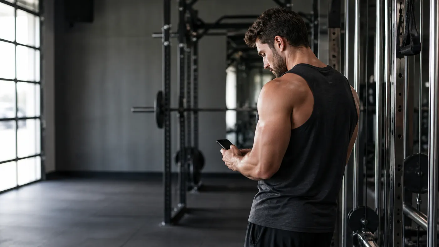 A muscular man reviewing training progress on his phone beside a gym rack