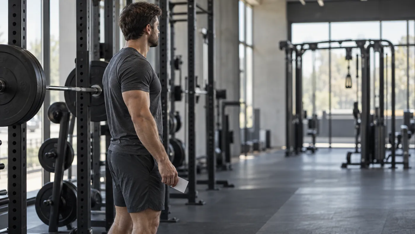 A man holding a blank workout card beside a squat rack in a quiet gym