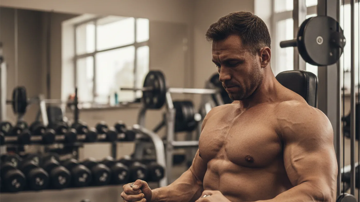 A man at a seated machine shoulder press taking a short focused pause mid-set during a rest-pause set