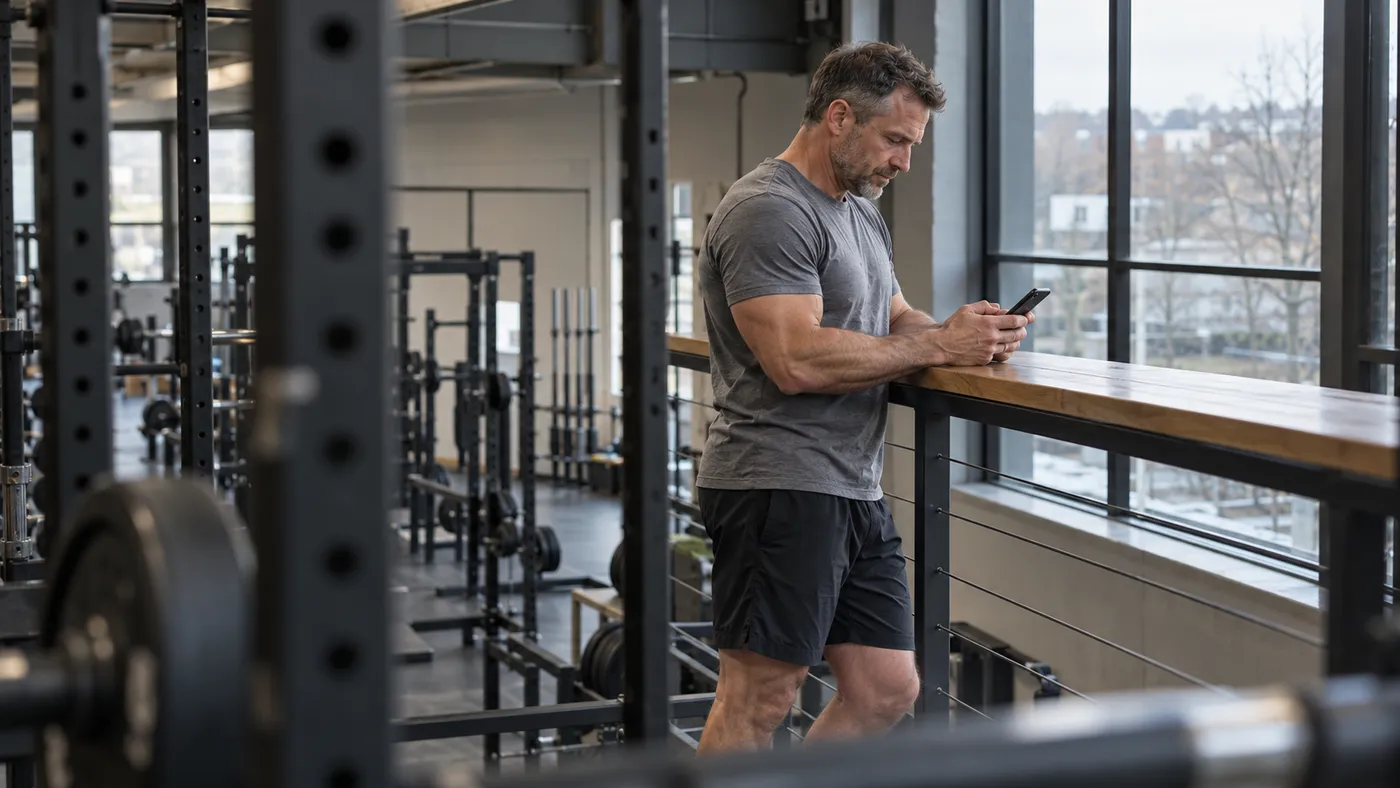 A man using his phone at a wooden counter overlooking a quiet gym floor