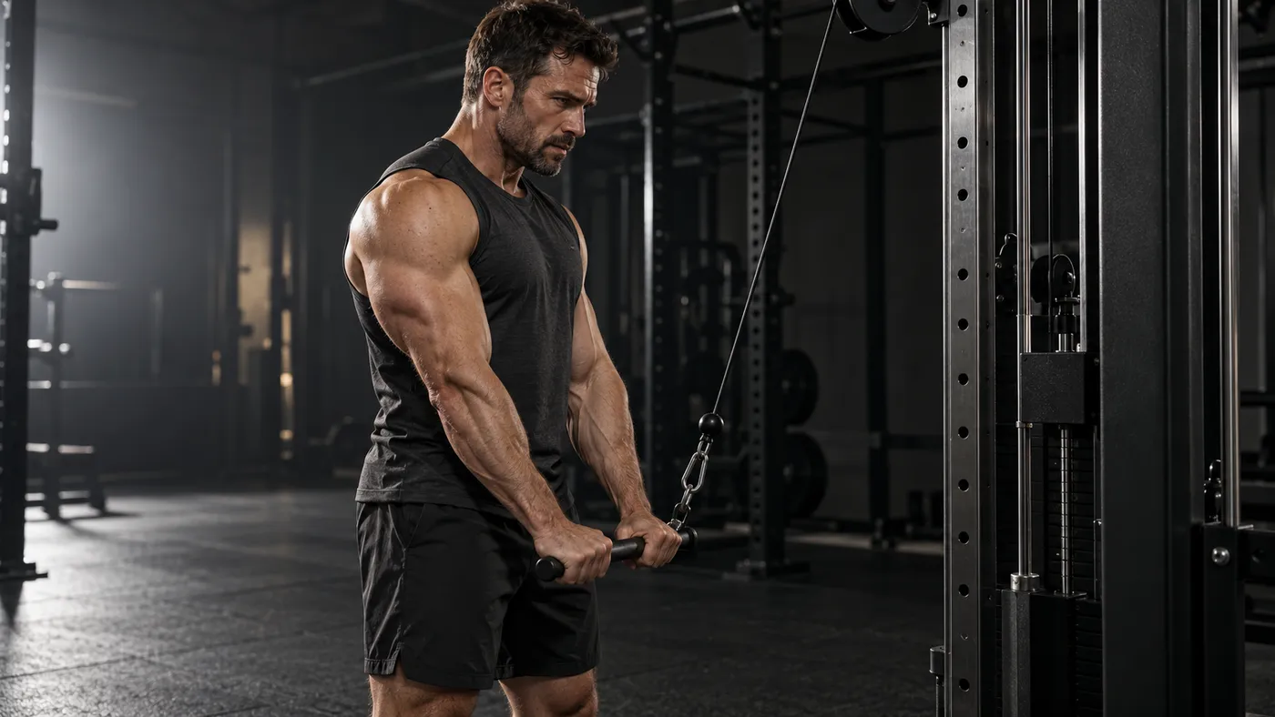 A muscular man performing a standing cable arm exercise in a dark gym with soft side lighting