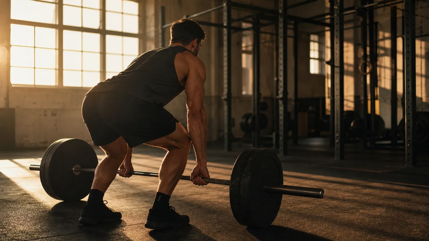 A muscular man beginning a sunrise deadlift warm-up from a low rear angle in an empty gym