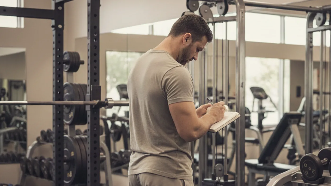 A man standing between a power rack and cable machine while writing in a training notebook