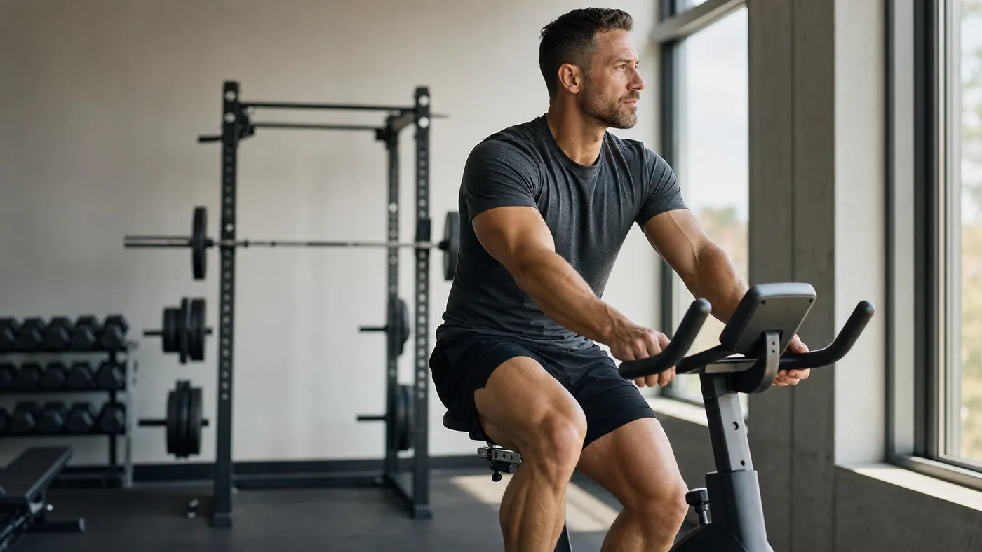 Muscular man riding a stationary bike at an easy pace in a quiet gym for active recovery