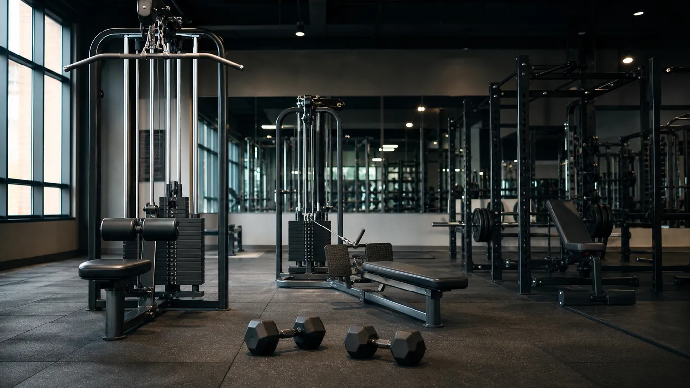 A quiet gym setup with a lat pulldown station, cable row bench, and unmarked dumbbells arranged for a pull day