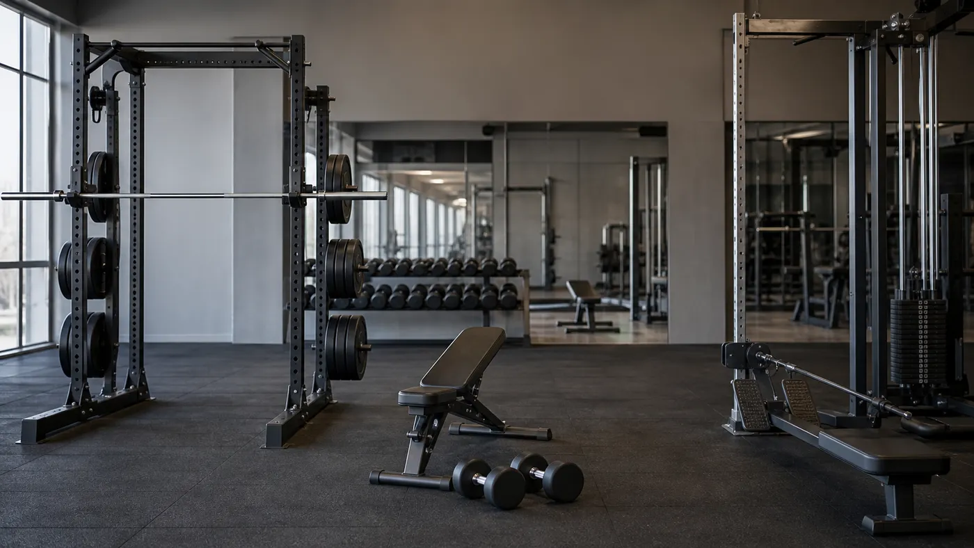 A squat rack, bench, and cable row station arranged as a full-body gym layout