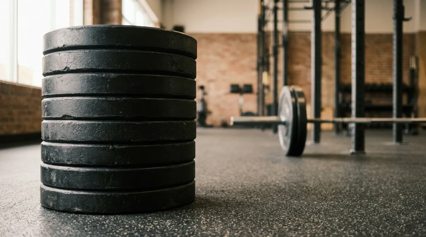 A stack of black iron weight plates edge-on on a rubber gym floor, with a loaded barbell on a rack in soft focus background and warm window light