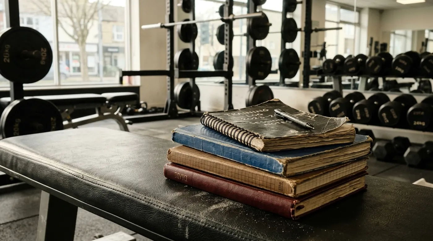 A stack of well-worn training logbooks on a gym bench in soft window light