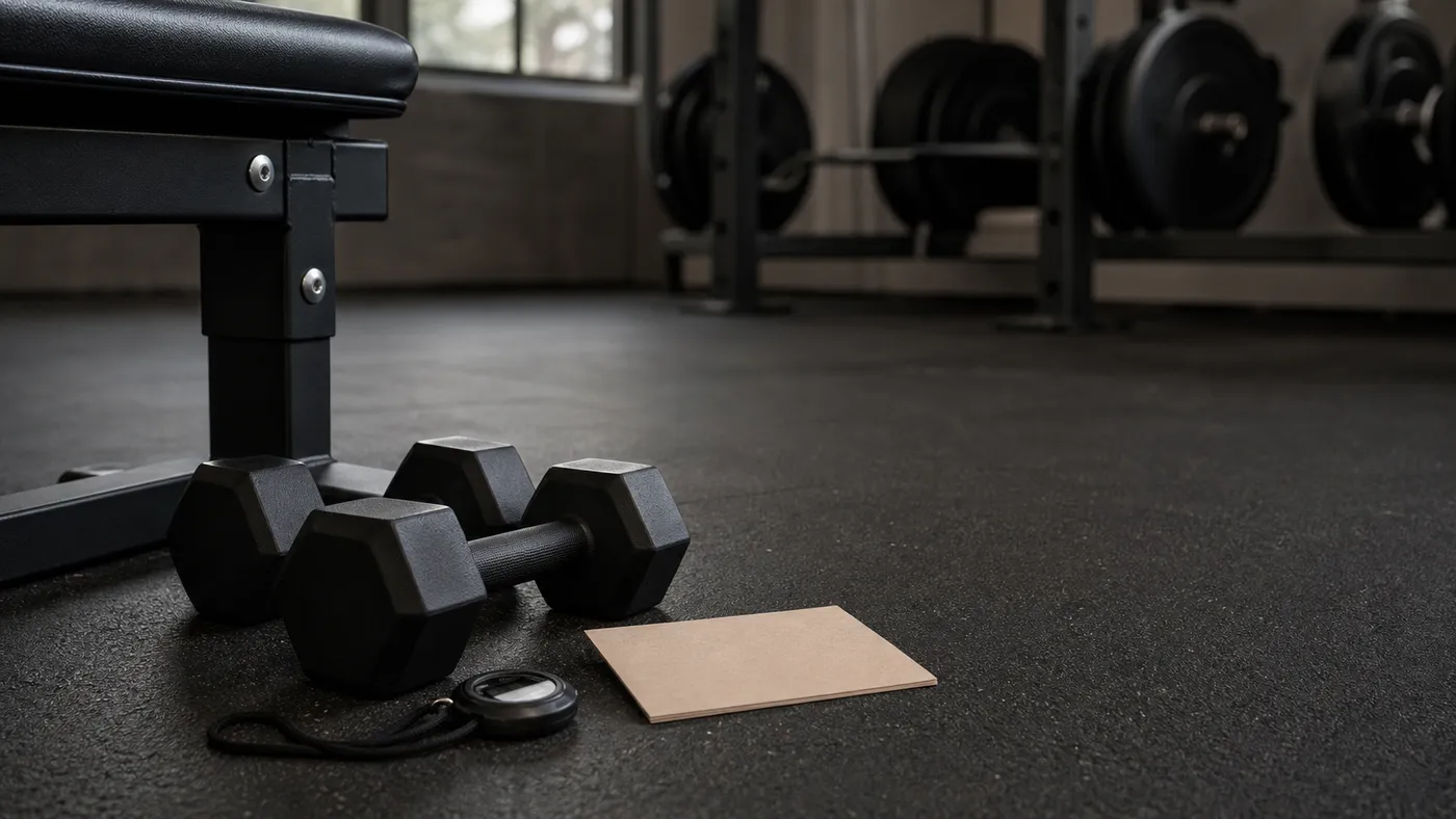 A stopwatch, blank workout card, and black dumbbells on a rubber gym floor