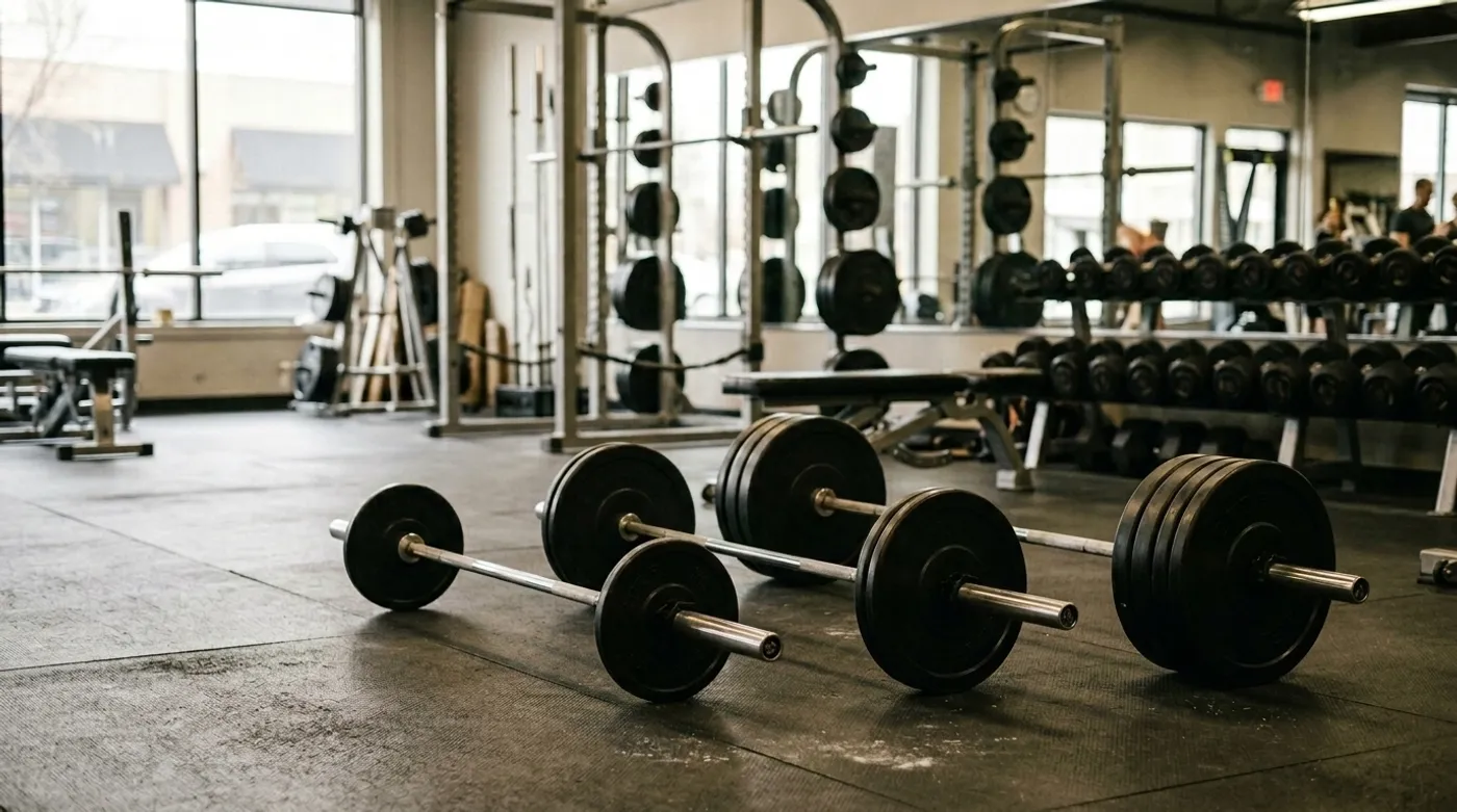 Three loaded barbells side by side on a gym floor, each set to a progressively heavier weight