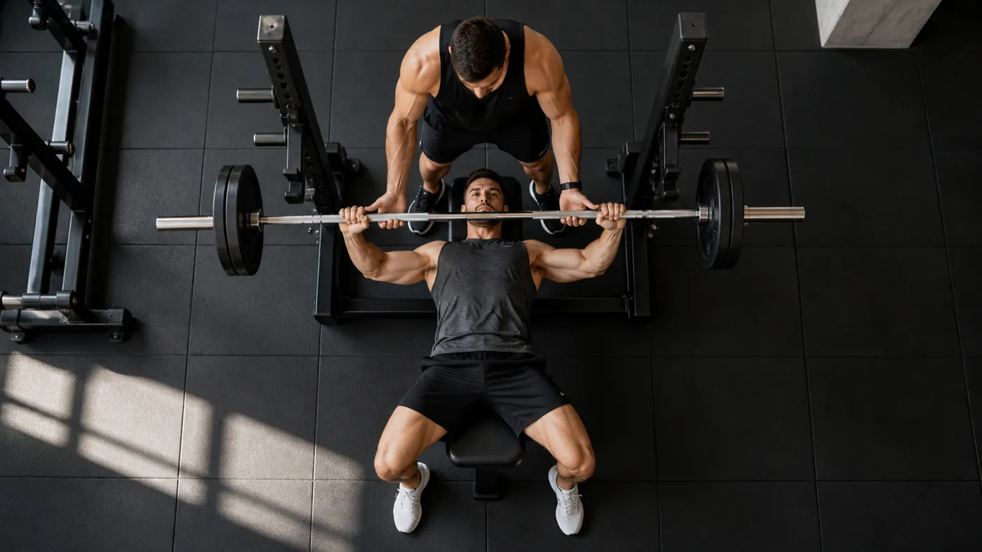 Two muscular men performing a barbell bench press and spotting from directly overhead in a quiet gym