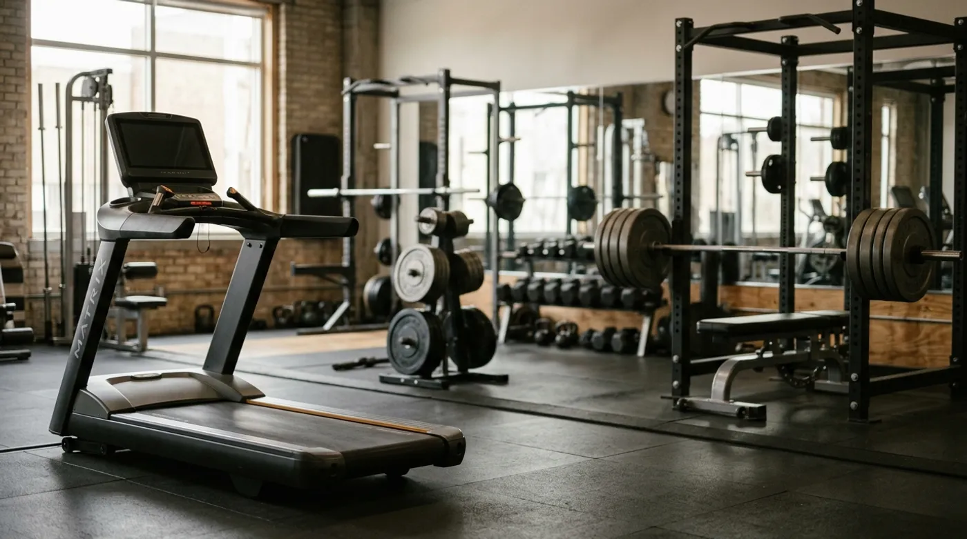 A treadmill in the foreground with a loaded barbell rack and squat station in the soft-focus background of a real gym