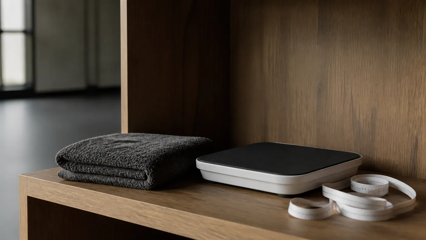 A bathroom scale, coiled measuring tape, and folded dark towel on a wooden cubby shelf
