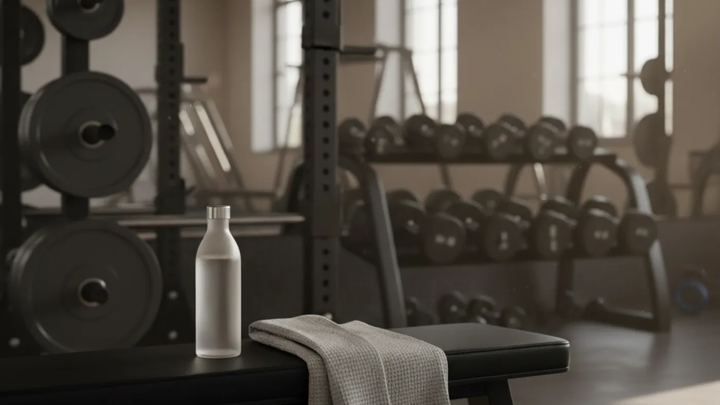 A water bottle and folded towel on an empty gym bench with racks and dumbbells softly blurred in the background.