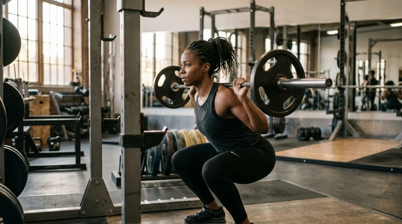 A fit Black woman in her early 30s mid-set on a barbell back squat in a quiet commercial gym, focused and composed under the working load, late afternoon window light from one side.