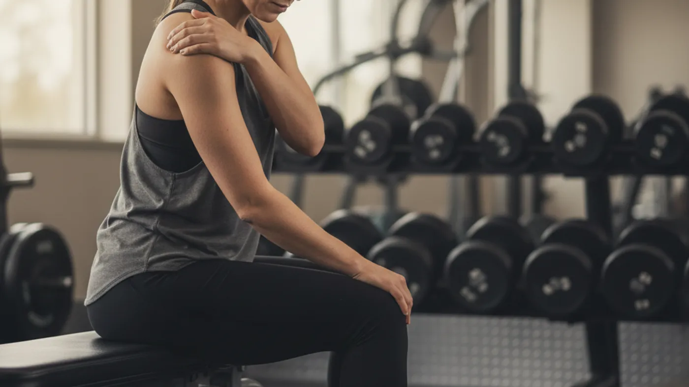 A woman in her 30s sitting on the edge of a flat bench in a quiet commercial gym, one hand reaching across to feel her opposite shoulder in a contemplative pause, soft window light from the left, dumbbell rack softly out of focus in the background.