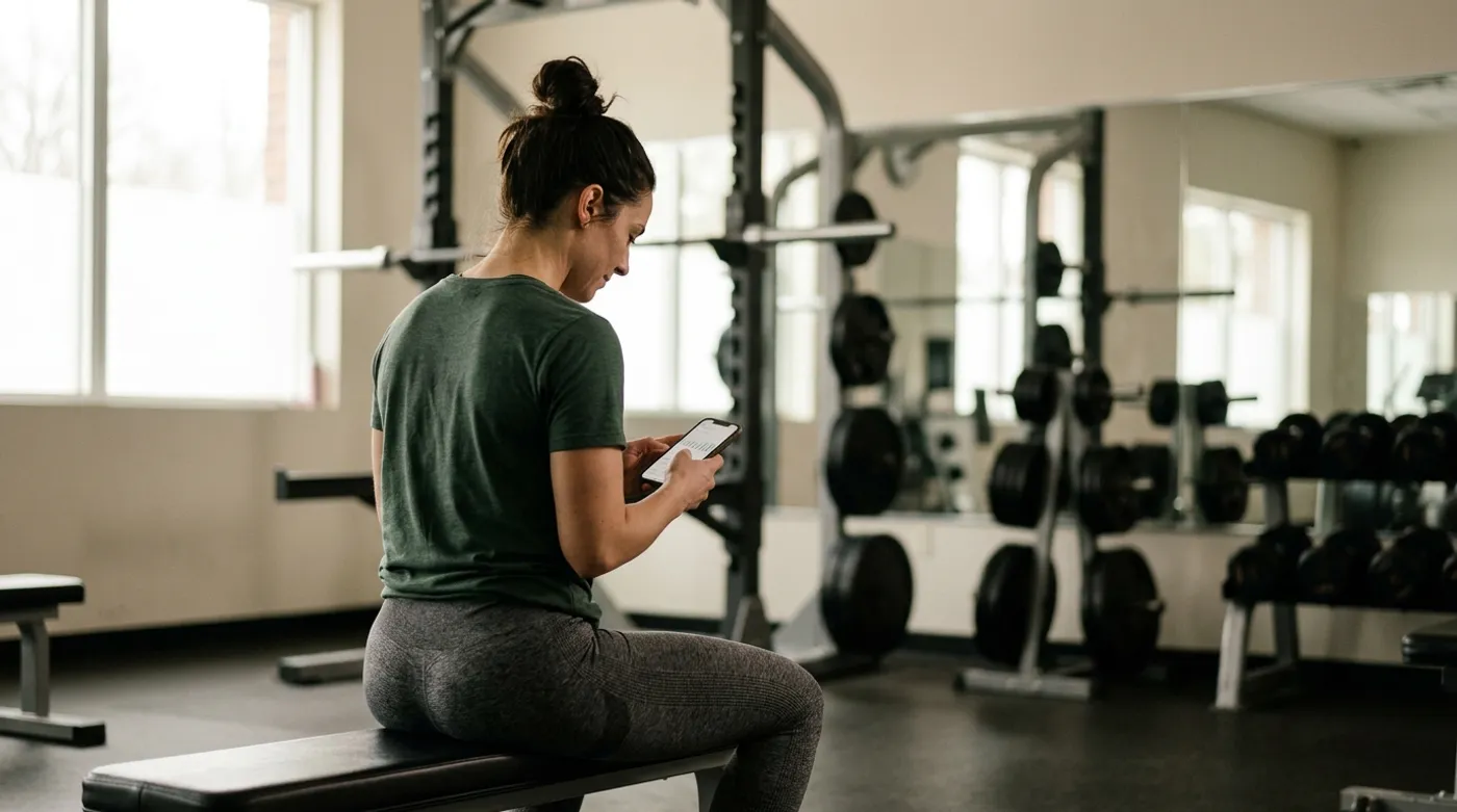 Lifter sitting on a weight bench at the end of a session, scrolling through her workout history on her phone