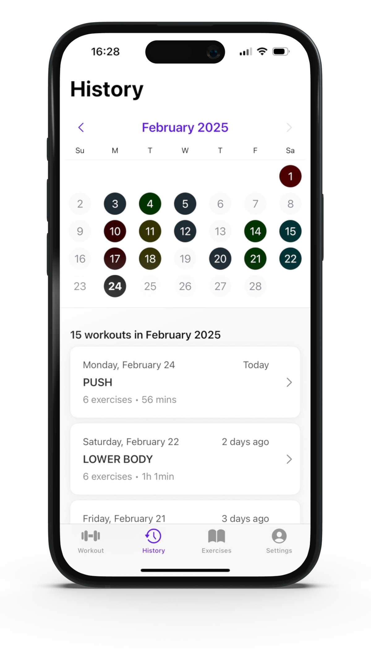 Steady App Workout History and Calendar Screen