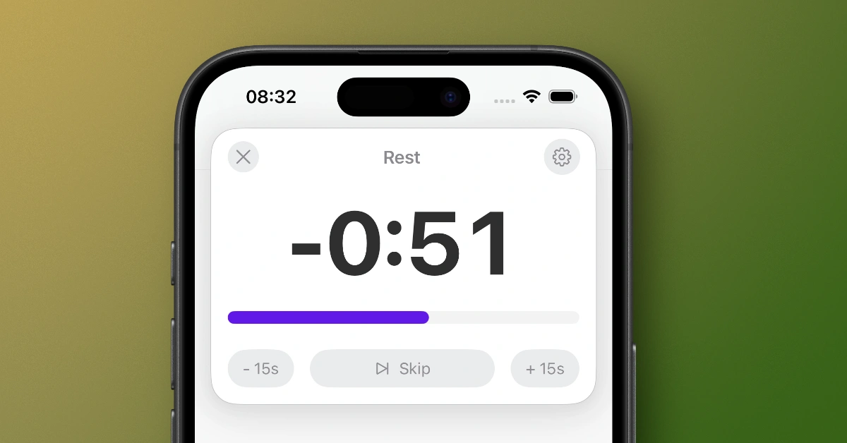 Expanded Steady rest timer showing minus 15 seconds, Skip, and plus 15 seconds controls