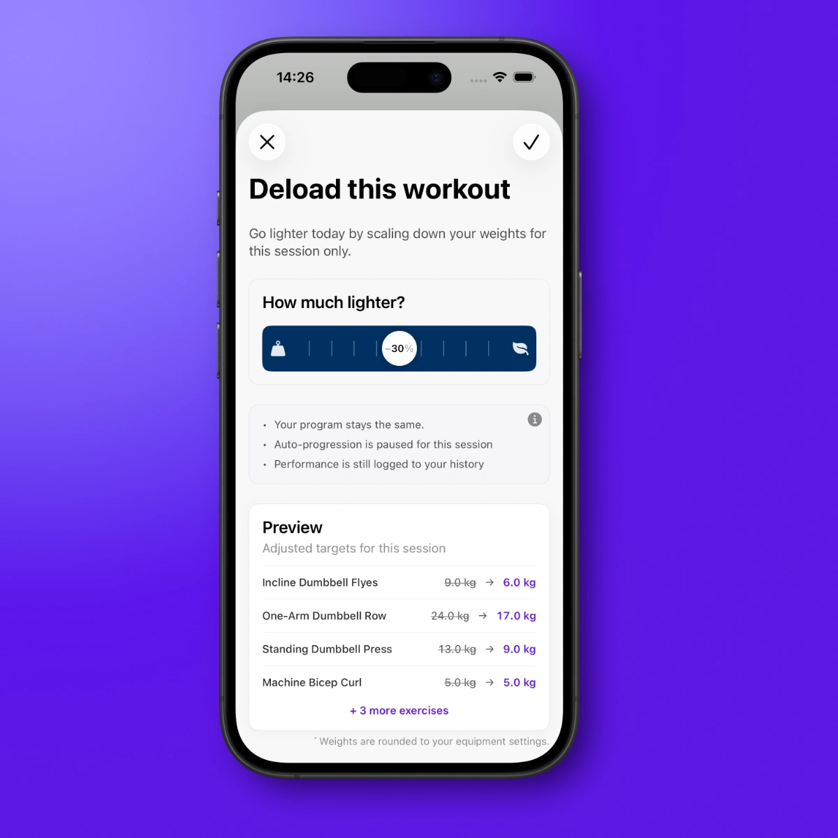 Steady Recovery Mode screen showing lighter adjusted targets for a deload workout